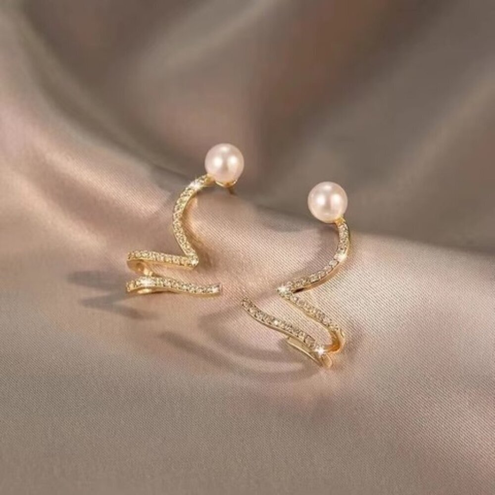 Cute Trendy Curvy Design Faux Pearl Rhinestone Climber Studs Fashion Earrings 2"
